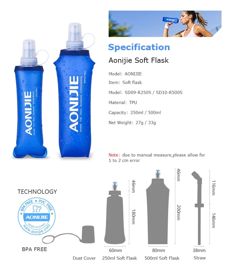 AONIJIE 2 Pcs TPU Soft Flask 500ML Collapsible Water Bottles Flask for  Running Hydration Pack, BPA Free 
